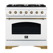 Forno Antico 36-inch Dual Fuel Range White and Antique Brass Design with 6 Sealed Gas Burners and Electric Convection Oven FORNO