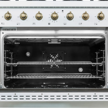 Forno Antico 36-inch Dual Fuel Range White and Antique Brass Design with 6 Sealed Gas Burners and Electric Convection Oven FORNO