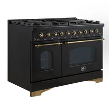 Forno Antico 48-Inch Dual Fuel Range, Black with Antique Brass Finish, 8 Burners, 94,000 BTU, 5.5 cu.ft. Double Ovens & Griddle FORNO