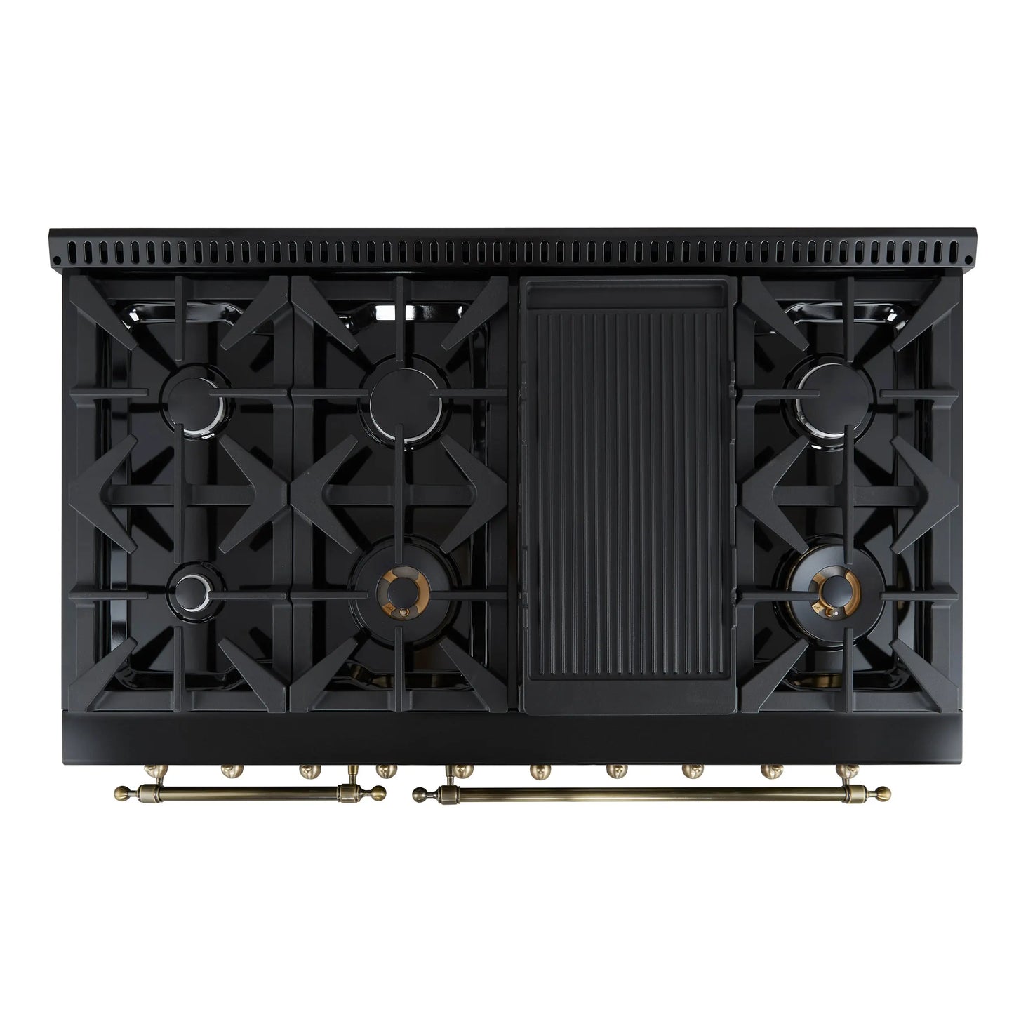Forno Antico 48-Inch Dual Fuel Range, Black with Antique Brass Finish, 8 Burners, 94,000 BTU, 5.5 cu.ft. Double Ovens & Griddle FORNO