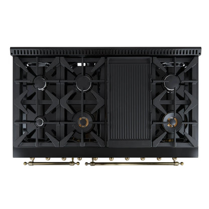 Forno Antico 48-Inch Dual Fuel Range, Black with Antique Brass Finish, 8 Burners, 94,000 BTU, 5.5 cu.ft. Double Ovens & Griddle FORNO