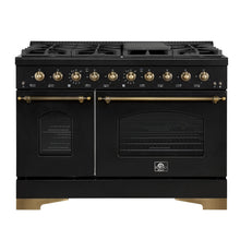 Forno Antico 48-Inch Dual Fuel Range, Black with Antique Brass Finish, 8 Burners, 94,000 BTU, 5.5 cu.ft. Double Ovens & Griddle FORNO