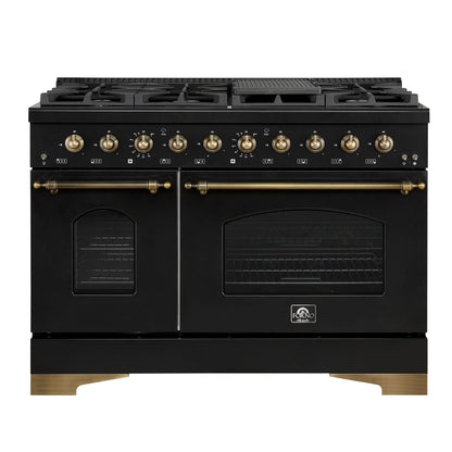 Forno Antico 48-Inch Dual Fuel Range, Black with Antique Brass Finish, 8 Burners, 94,000 BTU, 5.5 cu.ft. Double Ovens & Griddle FORNO