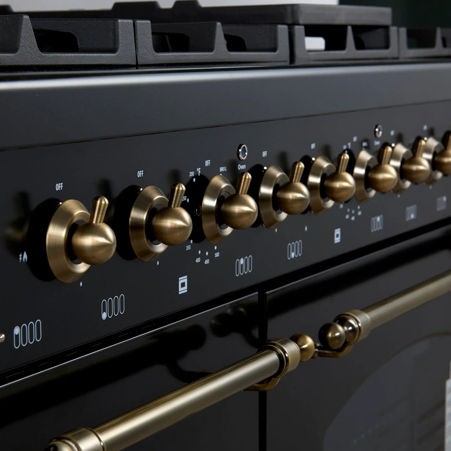 Forno Antico 48-Inch Dual Fuel Range, Black with Antique Brass Finish, 8 Burners, 94,000 BTU, 5.5 cu.ft. Double Ovens & Griddle FORNO