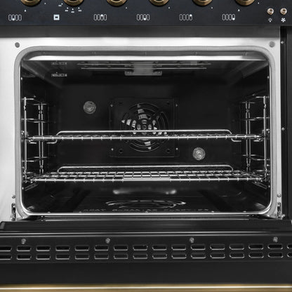 Forno Antico 48-Inch Dual Fuel Range, Black with Antique Brass Finish, 8 Burners, 94,000 BTU, 5.5 cu.ft. Double Ovens & Griddle FORNO