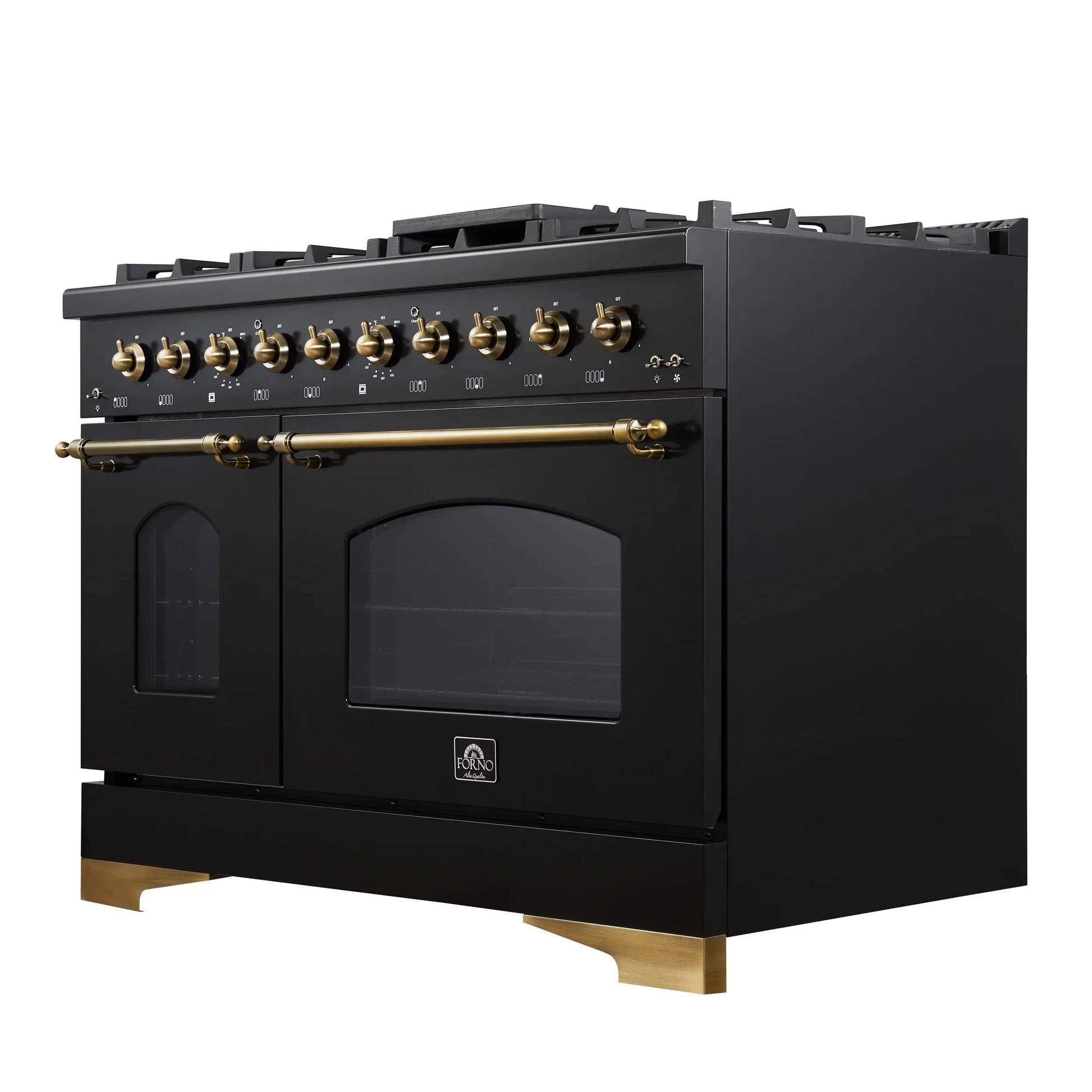 Forno Antico 48-Inch Dual Fuel Range, Black with Antique Brass Finish, 8 Burners, 94,000 BTU, 5.5 cu.ft. Double Ovens & Griddle FORNO