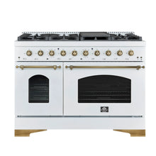 Forno Antico 48-Inch Dual Fuel Range, White with Antique Brass Finish, 8 Burners, 94,000 BTU, 5.5 cu.ft. Double Ovens & Griddle FORNO