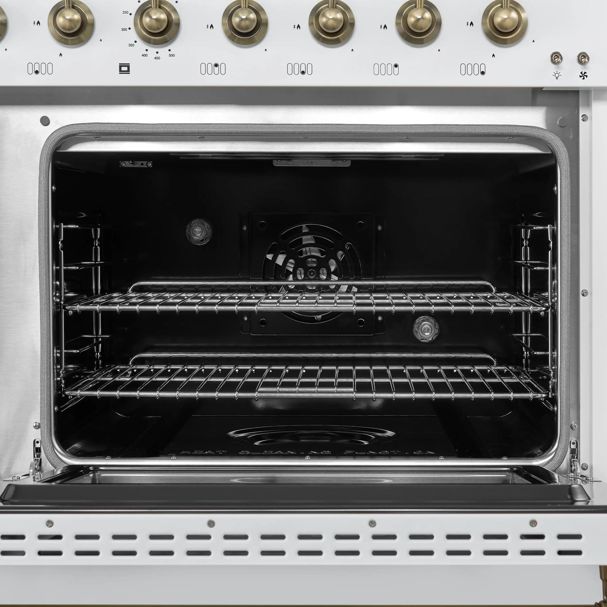 Forno Antico 48-Inch Dual Fuel Range, White with Antique Brass Finish, 8 Burners, 94,000 BTU, 5.5 cu.ft. Double Ovens & Griddle FORNO