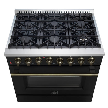 Forno Galiano 36-inch Dual Fuel Range in Black & Antique Brass Design, 6 Sealed Burners 83,000 BTU, 5.36 cu.ft. True Convection Oven FORNO