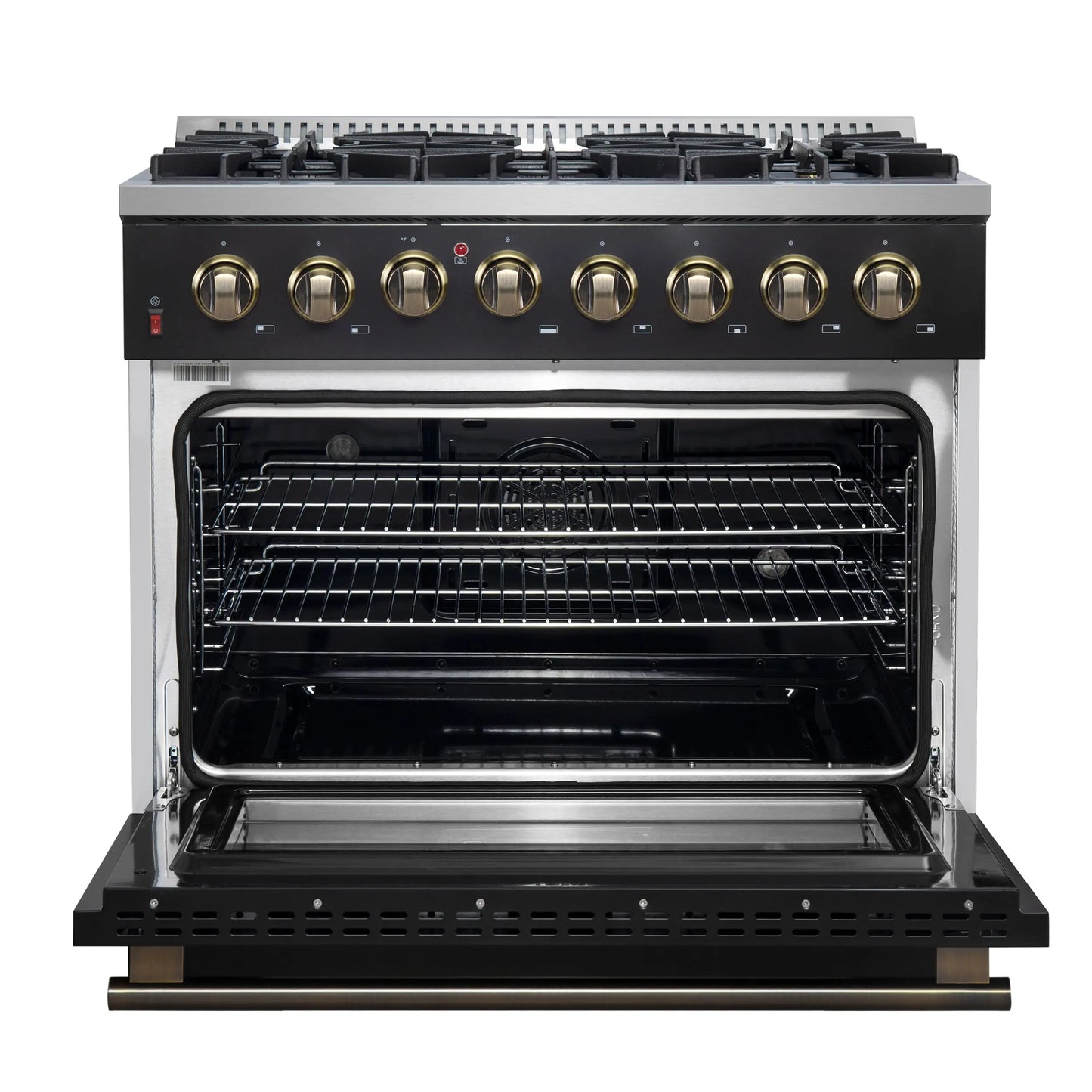 Forno Galiano 36-inch Dual Fuel Range in Black & Antique Brass Design, 6 Sealed Burners 83,000 BTU, 5.36 cu.ft. True Convection Oven FORNO