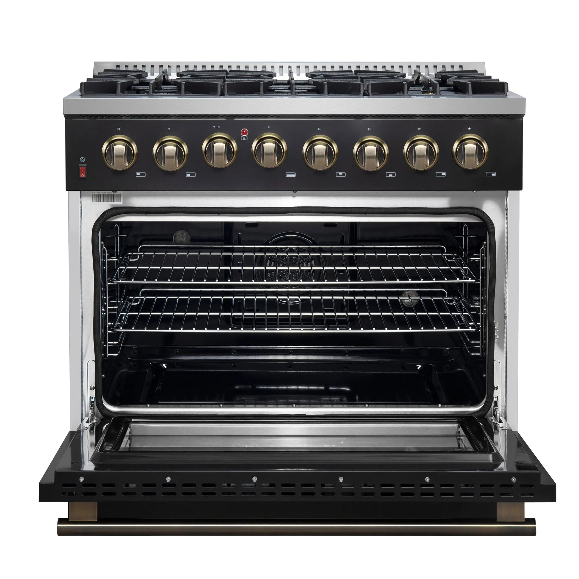 Forno Galiano 36-inch Dual Fuel Range in Black & Antique Brass Design, 6 Sealed Burners 83,000 BTU, 5.36 cu.ft. True Convection Oven FORNO