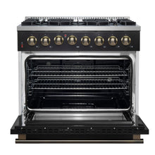 Forno Galiano 36-inch Dual Fuel Range in Black & Antique Brass Design, 6 Sealed Burners 83,000 BTU, 5.36 cu.ft. True Convection Oven FORNO