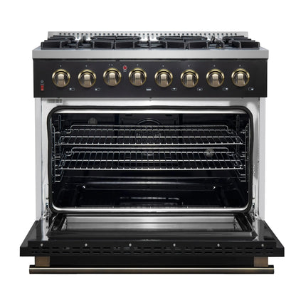 Forno Galiano 36-inch Dual Fuel Range in Black & Antique Brass Design, 6 Sealed Burners 83,000 BTU, 5.36 cu.ft. True Convection Oven FORNO