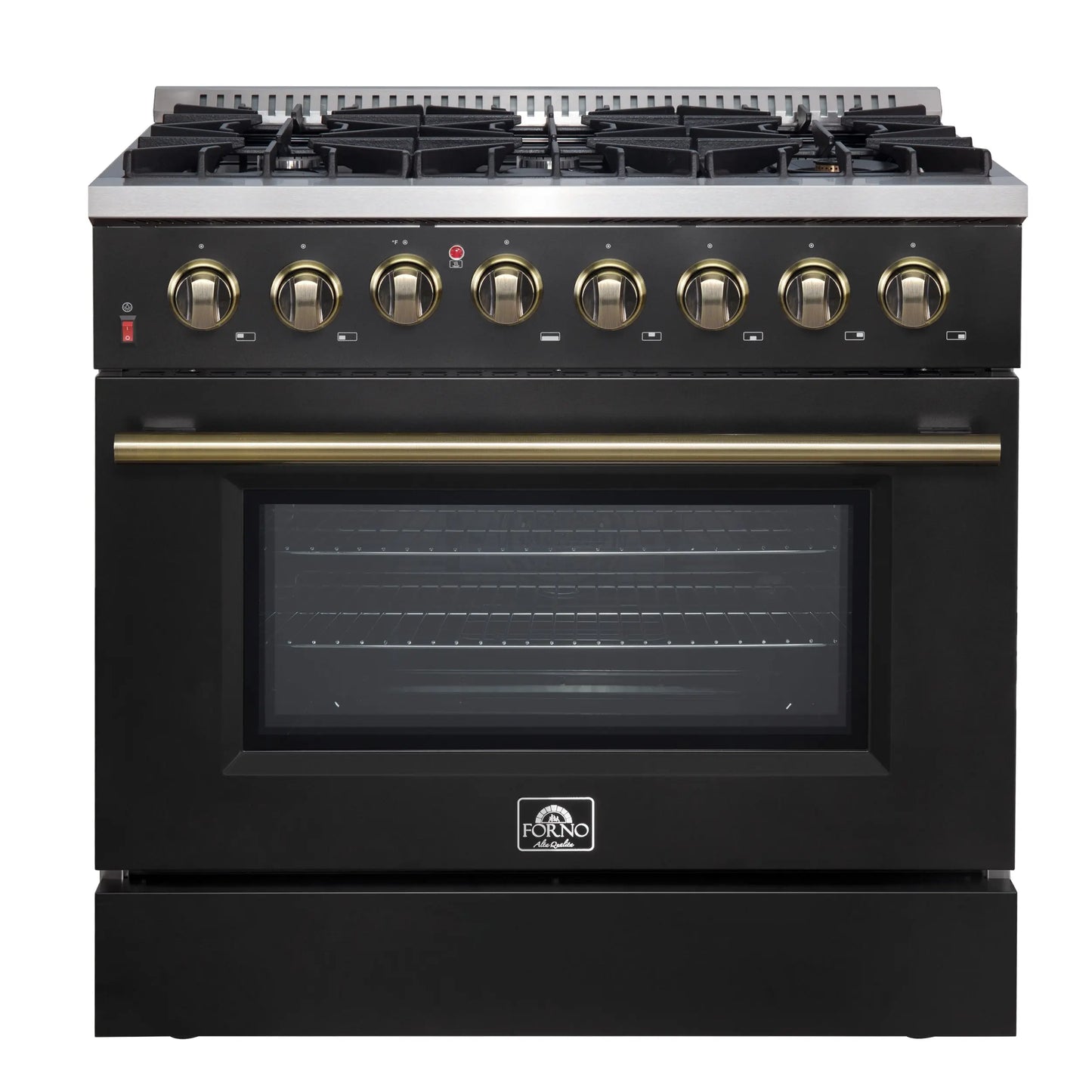 Forno Galiano 36-inch Dual Fuel Range in Black & Antique Brass Design, 6 Sealed Burners 83,000 BTU, 5.36 cu.ft. True Convection Oven FORNO