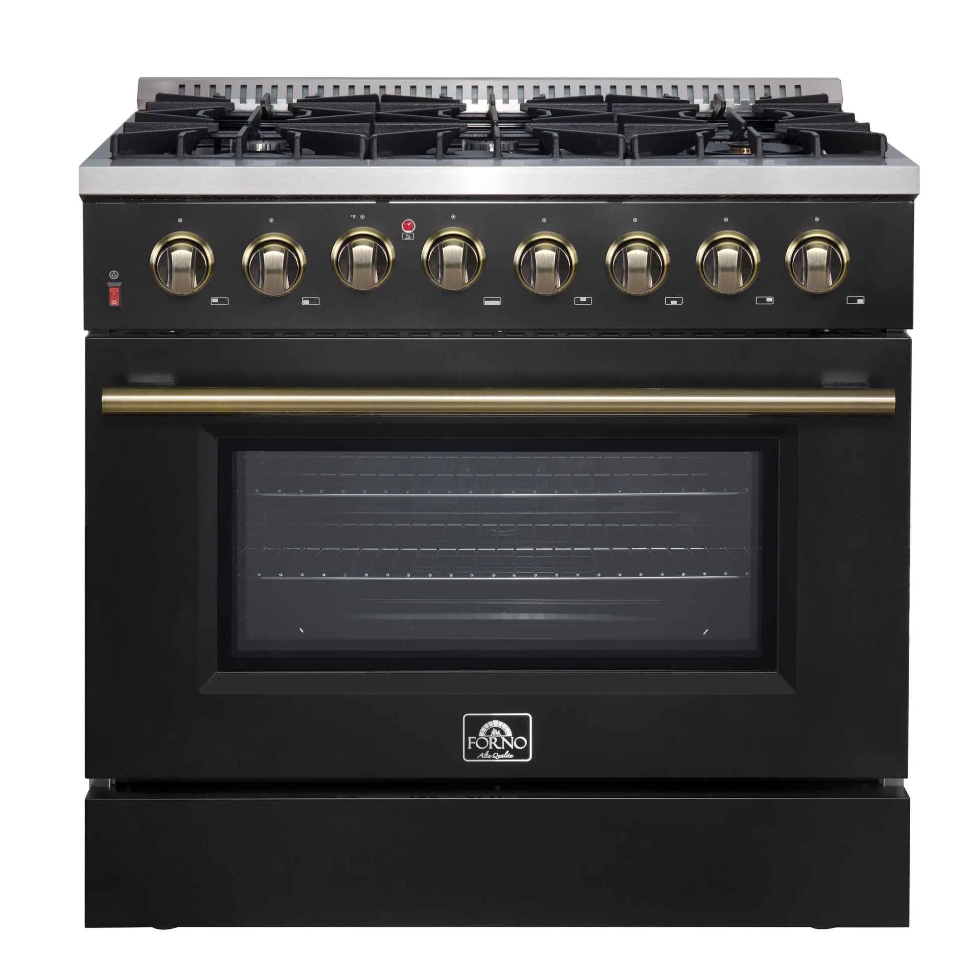 Forno Galiano 36-inch Dual Fuel Range in Black & Antique Brass Design, 6 Sealed Burners 83,000 BTU, 5.36 cu.ft. True Convection Oven FORNO