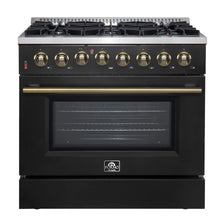 Forno Galiano 36-inch Dual Fuel Range in Black & Antique Brass Design, 6 Sealed Burners 83,000 BTU, 5.36 cu.ft. True Convection Oven FORNO
