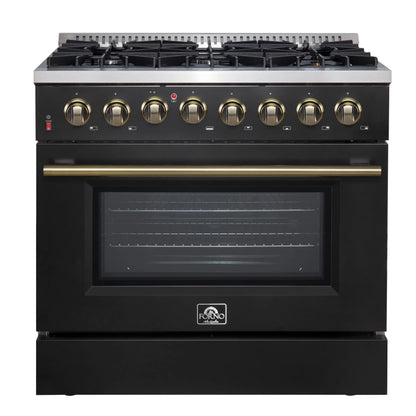 Forno Galiano 36-inch Dual Fuel Range in Black & Antique Brass Design, 6 Sealed Burners 83,000 BTU, 5.36 cu.ft. True Convection Oven FORNO