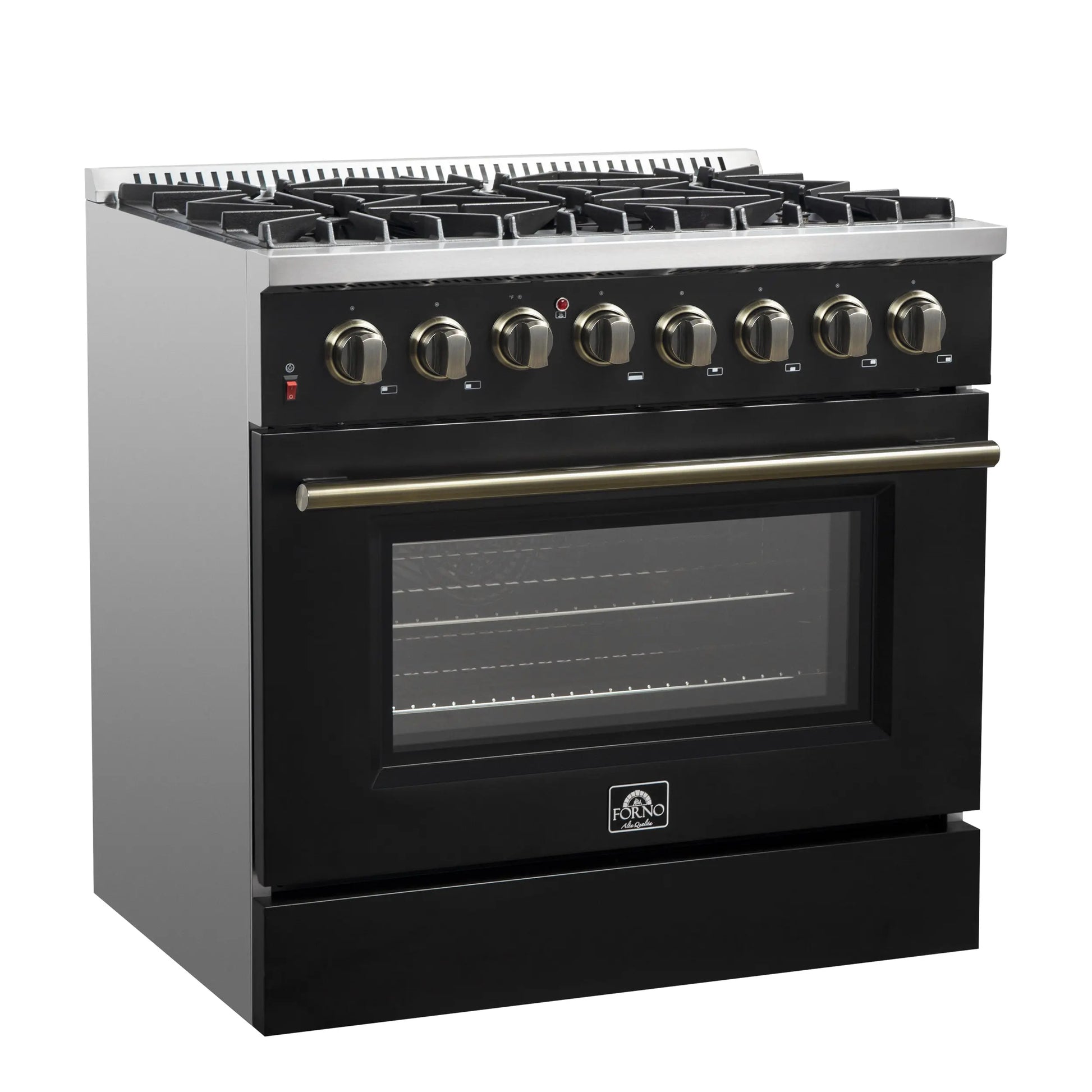 Forno Galiano 36-inch Dual Fuel Range in Black & Antique Brass Design, 6 Sealed Burners 83,000 BTU, 5.36 cu.ft. True Convection Oven FORNO
