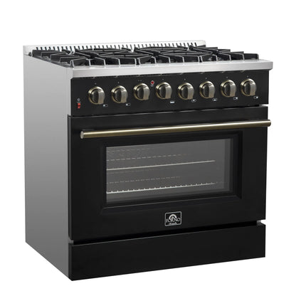 Forno Galiano 36-inch Dual Fuel Range in Black & Antique Brass Design, 6 Sealed Burners 83,000 BTU, 5.36 cu.ft. True Convection Oven FORNO