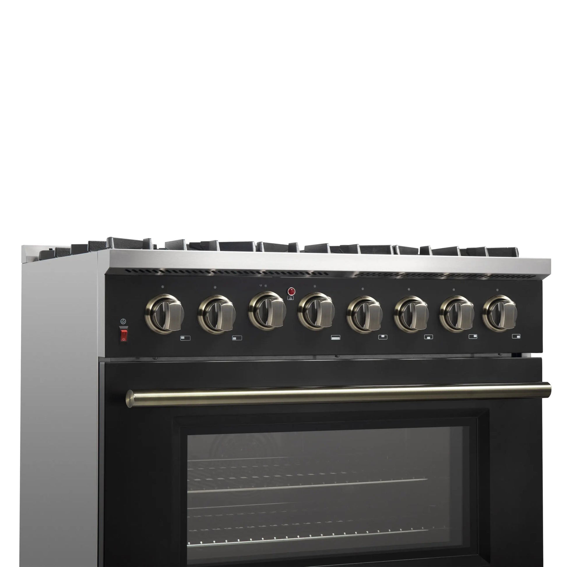 Forno Galiano 36-inch Dual Fuel Range in Black & Antique Brass Design, 6 Sealed Burners 83,000 BTU, 5.36 cu.ft. True Convection Oven FORNO