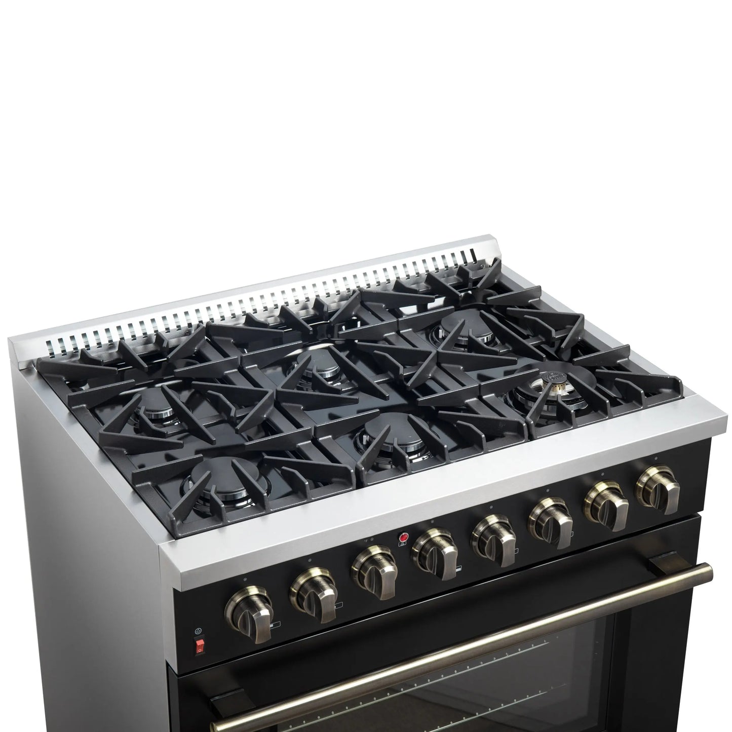 Forno Galiano 36-inch Dual Fuel Range in Black & Antique Brass Design, 6 Sealed Burners 83,000 BTU, 5.36 cu.ft. True Convection Oven FORNO