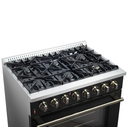 Forno Galiano 36-inch Dual Fuel Range in Black & Antique Brass Design, 6 Sealed Burners 83,000 BTU, 5.36 cu.ft. True Convection Oven FORNO