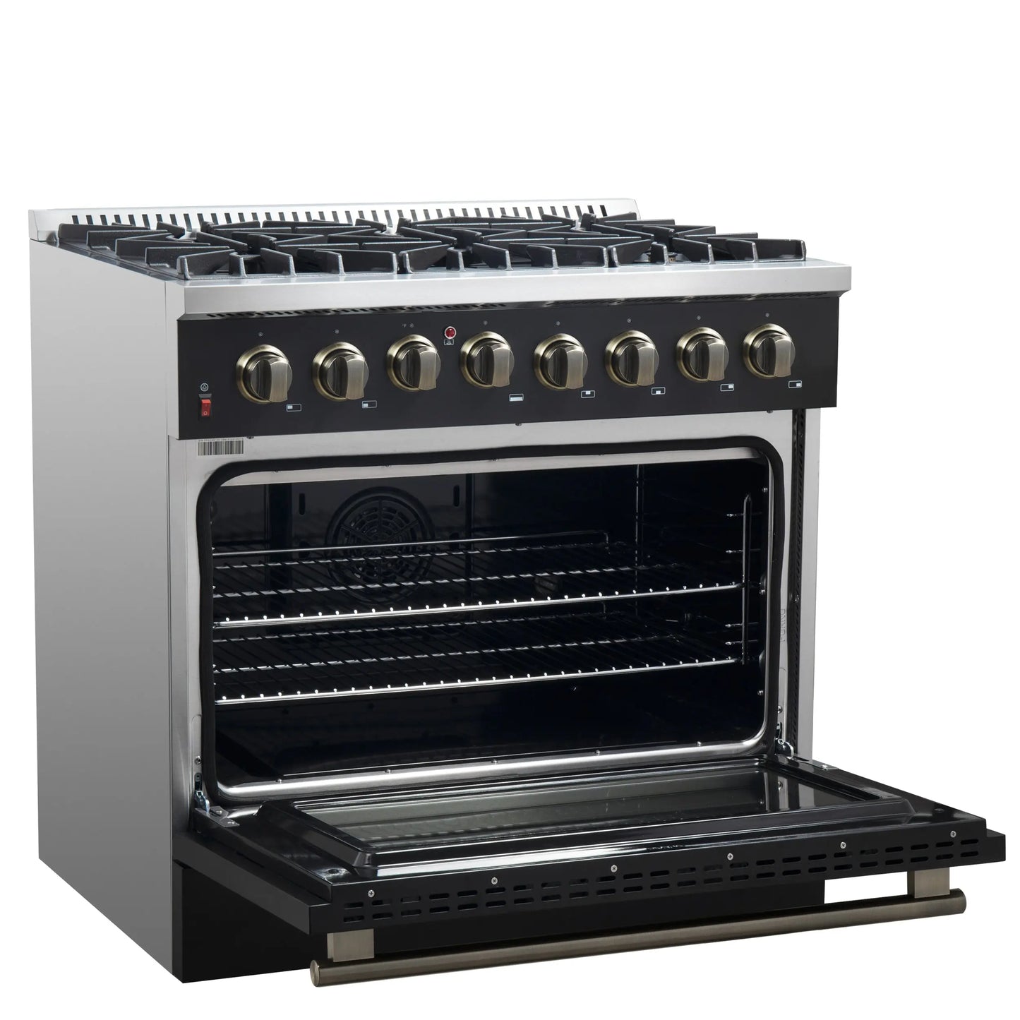 Forno Galiano 36-inch Dual Fuel Range in Black & Antique Brass Design, 6 Sealed Burners 83,000 BTU, 5.36 cu.ft. True Convection Oven FORNO