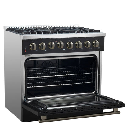 Forno Galiano 36-inch Dual Fuel Range in Black & Antique Brass Design, 6 Sealed Burners 83,000 BTU, 5.36 cu.ft. True Convection Oven FORNO
