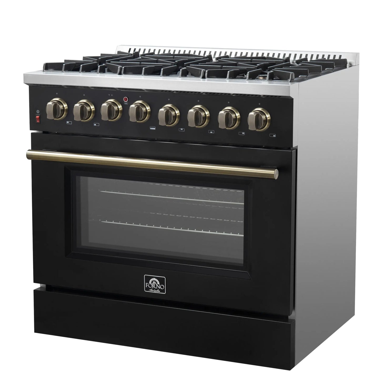 Forno Galiano 36-inch Dual Fuel Range in Black & Antique Brass Design, 6 Sealed Burners 83,000 BTU, 5.36 cu.ft. True Convection Oven FORNO