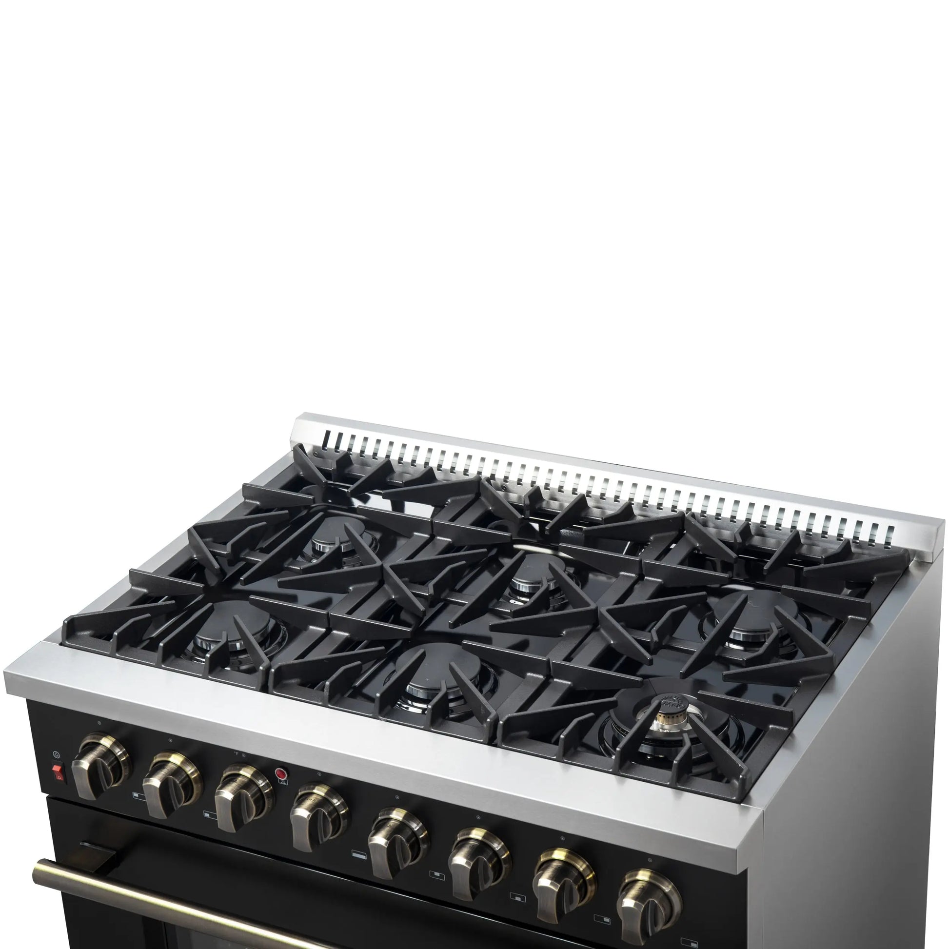 Forno Galiano 36-inch Dual Fuel Range in Black & Antique Brass Design, 6 Sealed Burners 83,000 BTU, 5.36 cu.ft. True Convection Oven FORNO