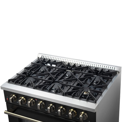 Forno Galiano 36-inch Dual Fuel Range in Black & Antique Brass Design, 6 Sealed Burners 83,000 BTU, 5.36 cu.ft. True Convection Oven FORNO