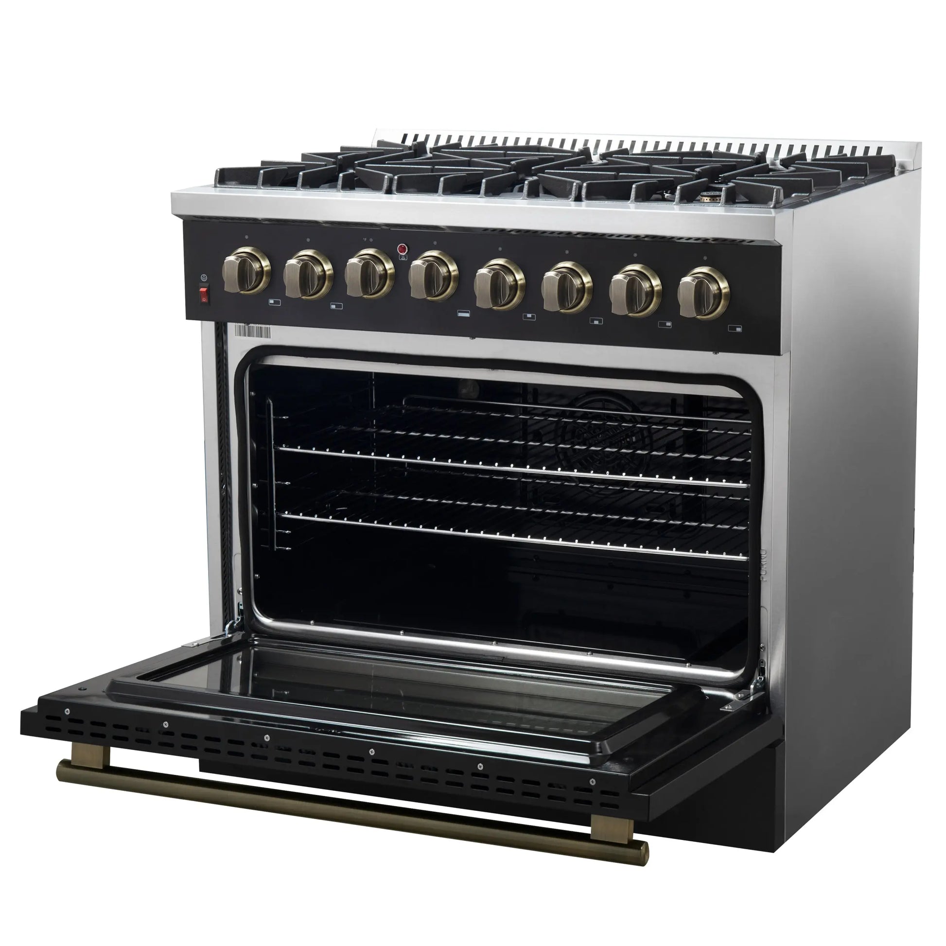 Forno Galiano 36-inch Dual Fuel Range in Black & Antique Brass Design, 6 Sealed Burners 83,000 BTU, 5.36 cu.ft. True Convection Oven FORNO