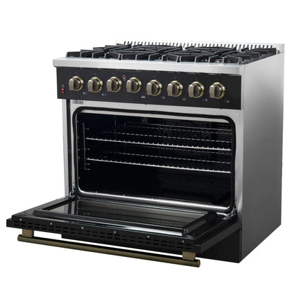 Forno Galiano 36-inch Dual Fuel Range in Black & Antique Brass Design, 6 Sealed Burners 83,000 BTU, 5.36 cu.ft. True Convection Oven FORNO