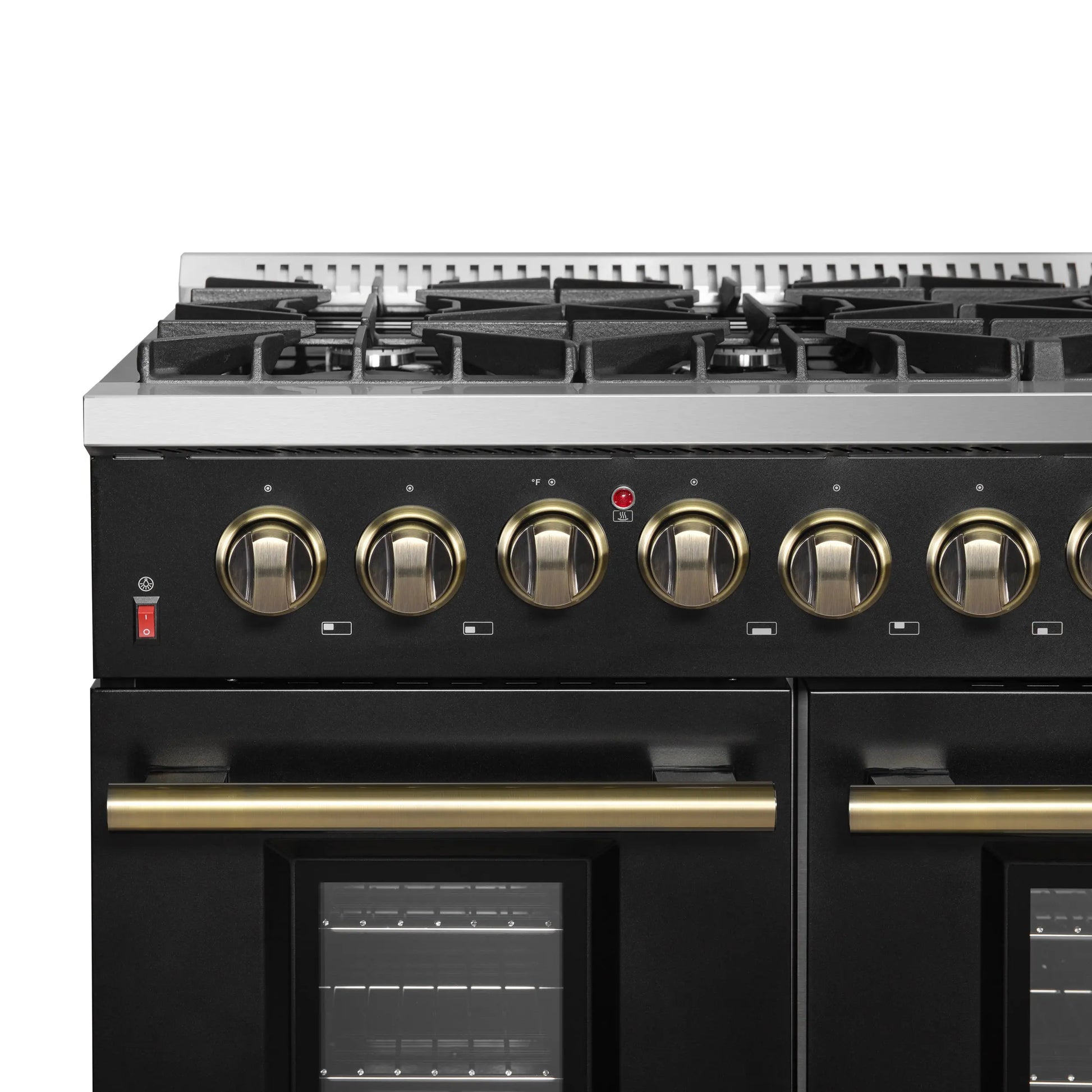 Galiano 48-inch Dual Fuel Range Black & Antique Brass Design with 8 Sealed Burners 107,000 BTU, 6.58 cu. ft. double ovens & Griddle FORNO