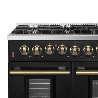 Galiano 48-inch Dual Fuel Range Black & Antique Brass Design with 8 Sealed Burners 107,000 BTU, 6.58 cu. ft. double ovens & Griddle FORNO
