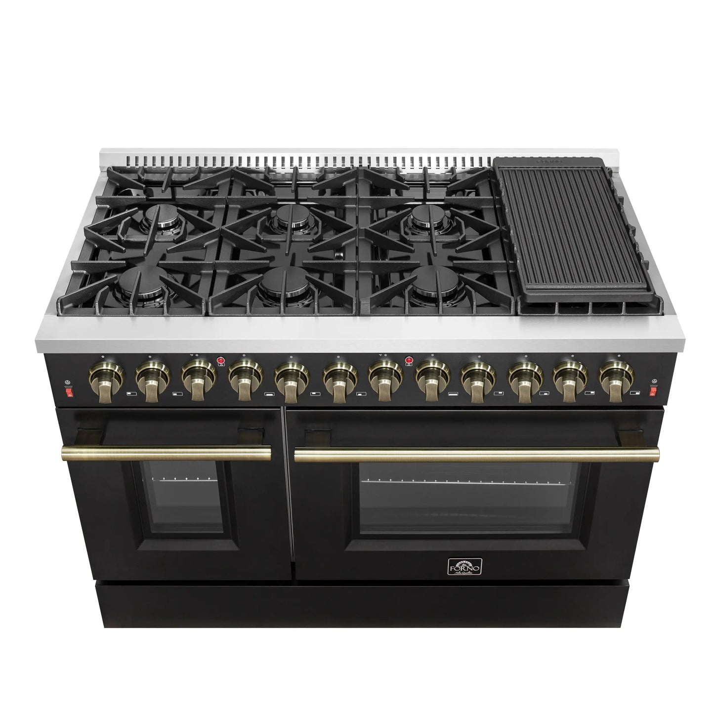Galiano 48-inch Dual Fuel Range Black & Antique Brass Design with 8 Sealed Burners 107,000 BTU, 6.58 cu. ft. double ovens & Griddle FORNO