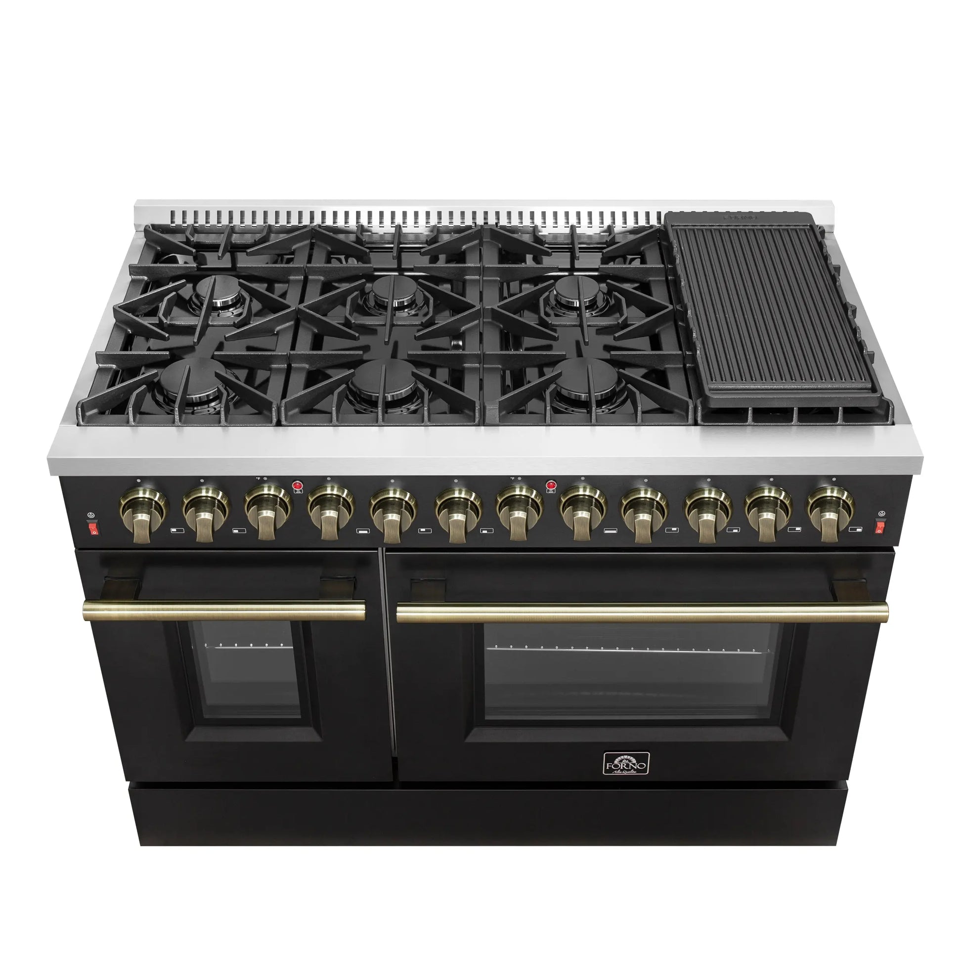 Galiano 48-inch Dual Fuel Range Black & Antique Brass Design with 8 Sealed Burners 107,000 BTU, 6.58 cu. ft. double ovens & Griddle FORNO