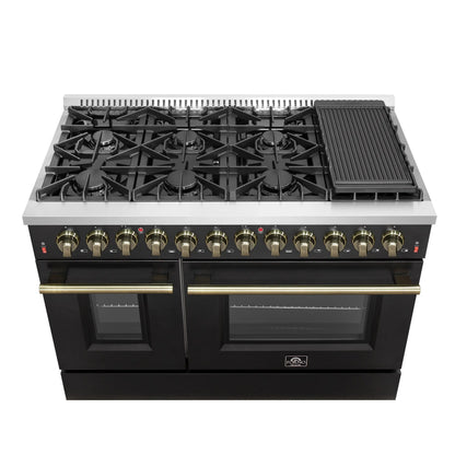 Galiano 48-inch Dual Fuel Range Black & Antique Brass Design with 8 Sealed Burners 107,000 BTU, 6.58 cu. ft. double ovens & Griddle FORNO