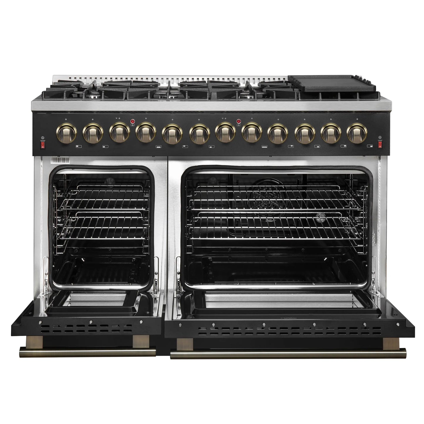 Galiano 48-inch Dual Fuel Range Black & Antique Brass Design with 8 Sealed Burners 107,000 BTU, 6.58 cu. ft. double ovens & Griddle FORNO