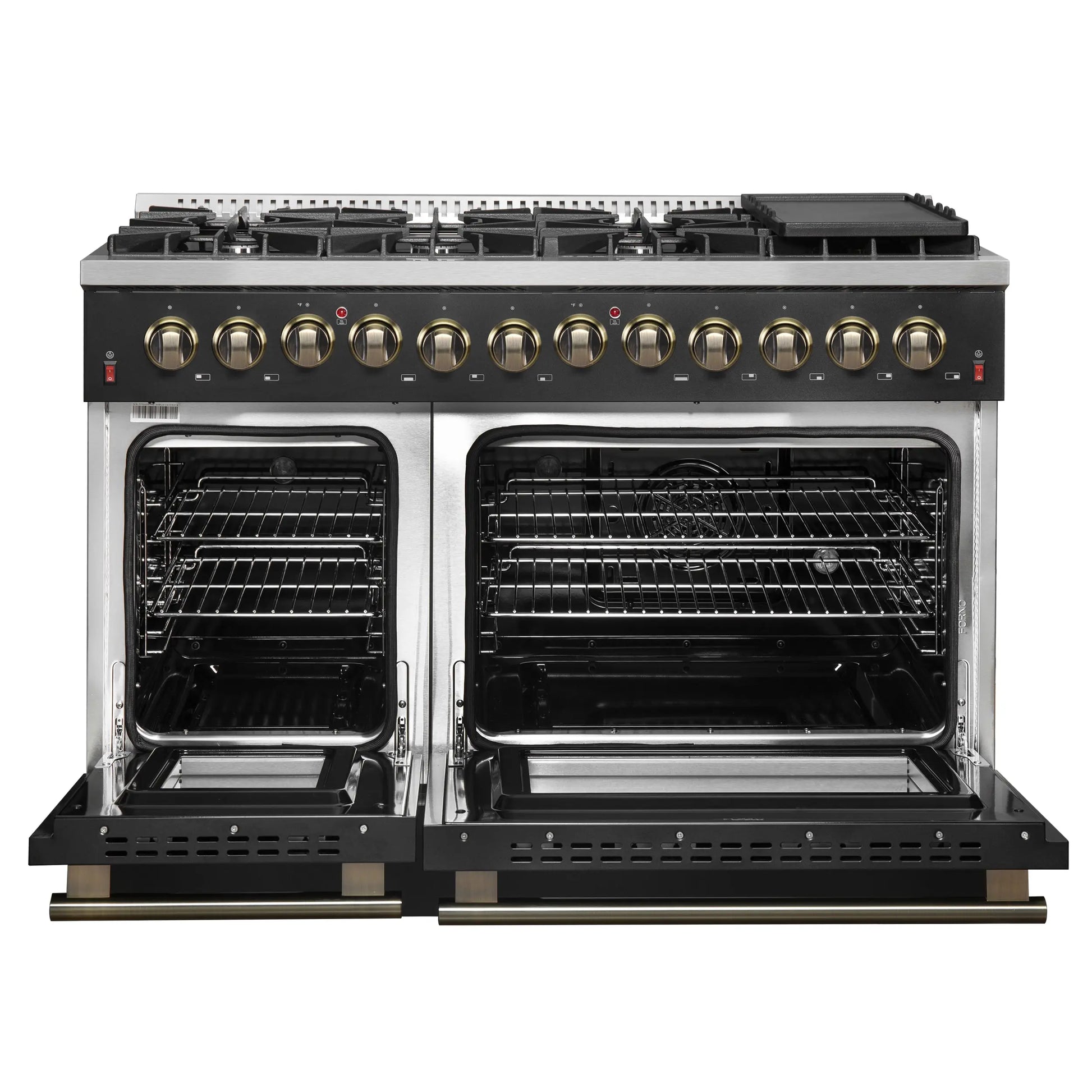 Galiano 48-inch Dual Fuel Range Black & Antique Brass Design with 8 Sealed Burners 107,000 BTU, 6.58 cu. ft. double ovens & Griddle FORNO