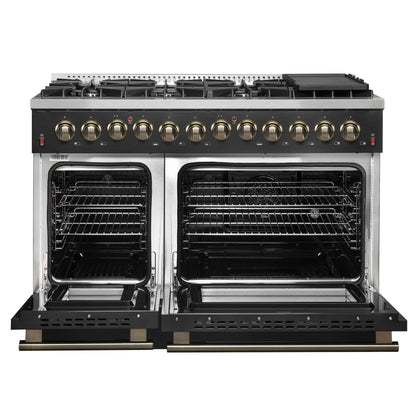 Galiano 48-inch Dual Fuel Range Black & Antique Brass Design with 8 Sealed Burners 107,000 BTU, 6.58 cu. ft. double ovens & Griddle FORNO