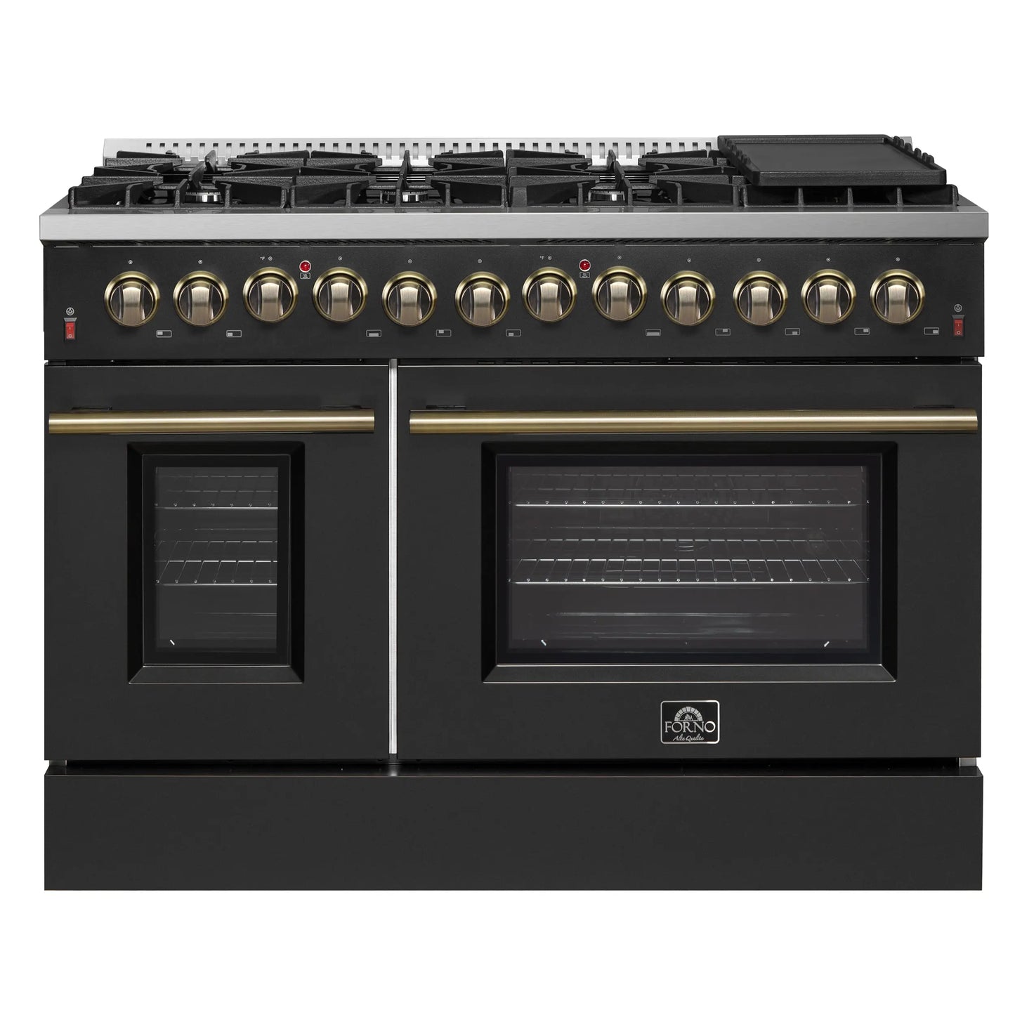 Galiano 48-inch Dual Fuel Range Black & Antique Brass Design with 8 Sealed Burners 107,000 BTU, 6.58 cu. ft. double ovens & Griddle FORNO
