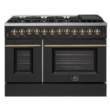 Galiano 48-inch Dual Fuel Range Black & Antique Brass Design with 8 Sealed Burners 107,000 BTU, 6.58 cu. ft. double ovens & Griddle FORNO