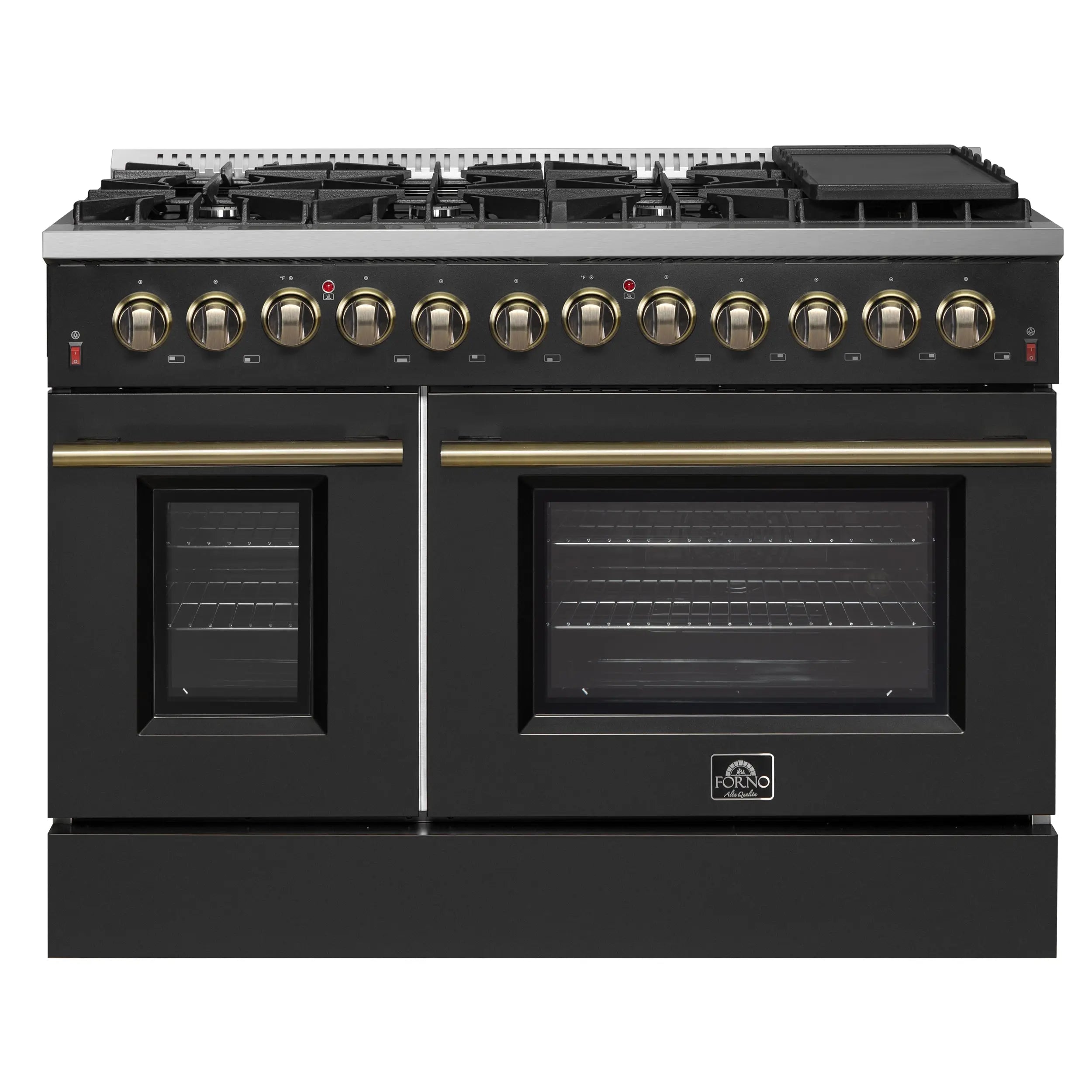 Galiano 48-inch Dual Fuel Range Black & Antique Brass Design with 8 Sealed Burners 107,000 BTU, 6.58 cu. ft. double ovens & Griddle FORNO
