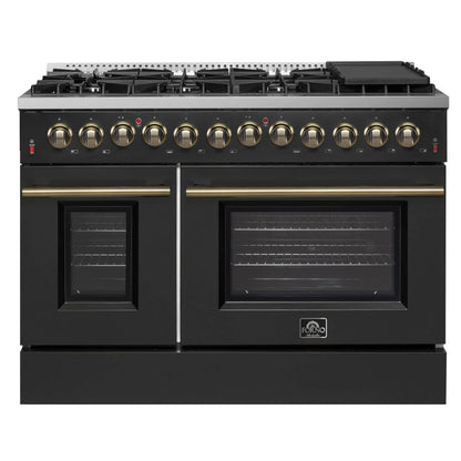 Galiano 48-inch Dual Fuel Range Black & Antique Brass Design with 8 Sealed Burners 107,000 BTU, 6.58 cu. ft. double ovens & Griddle FORNO