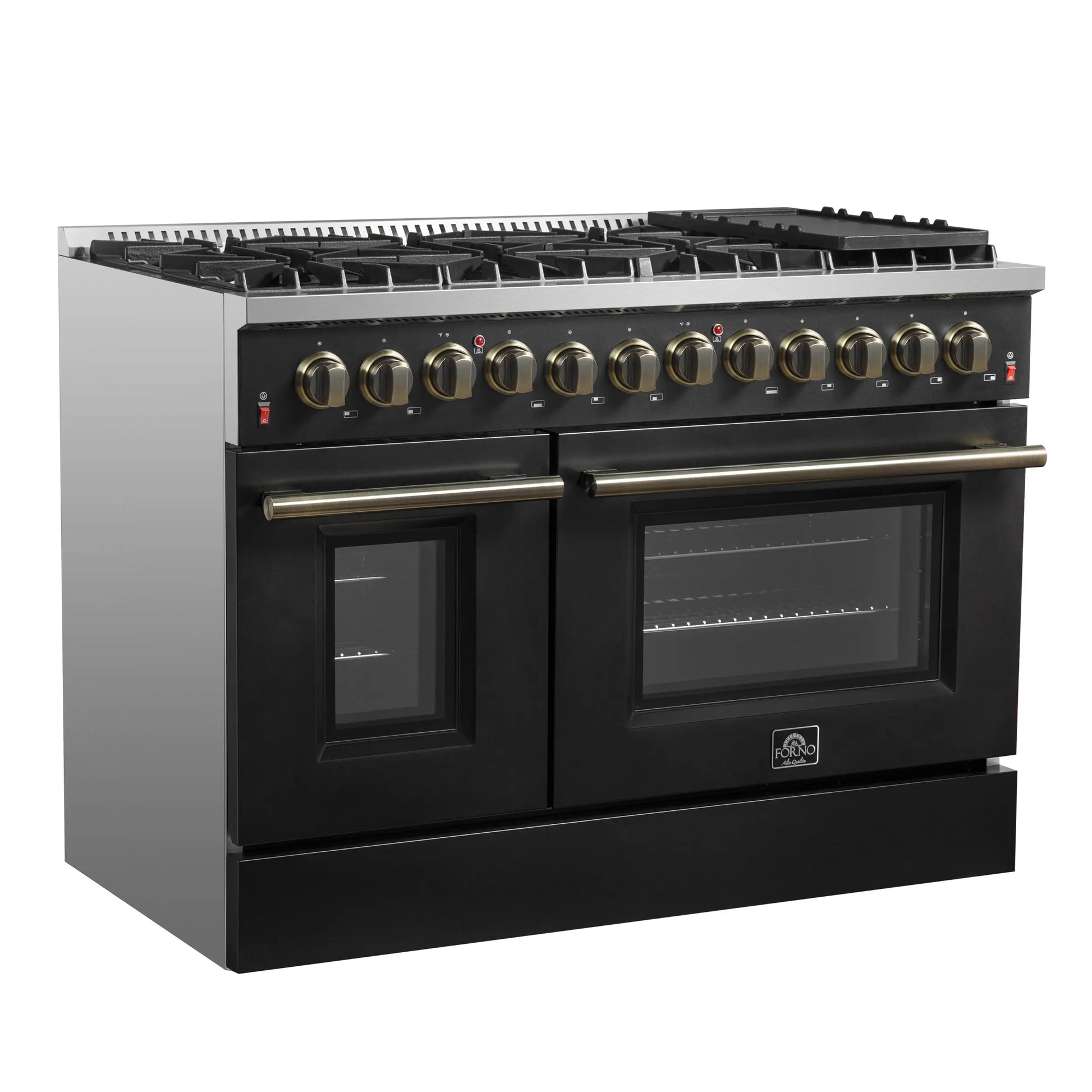 Galiano 48-inch Dual Fuel Range Black & Antique Brass Design with 8 Sealed Burners 107,000 BTU, 6.58 cu. ft. double ovens & Griddle FORNO