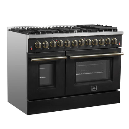 Galiano 48-inch Dual Fuel Range Black & Antique Brass Design with 8 Sealed Burners 107,000 BTU, 6.58 cu. ft. double ovens & Griddle FORNO