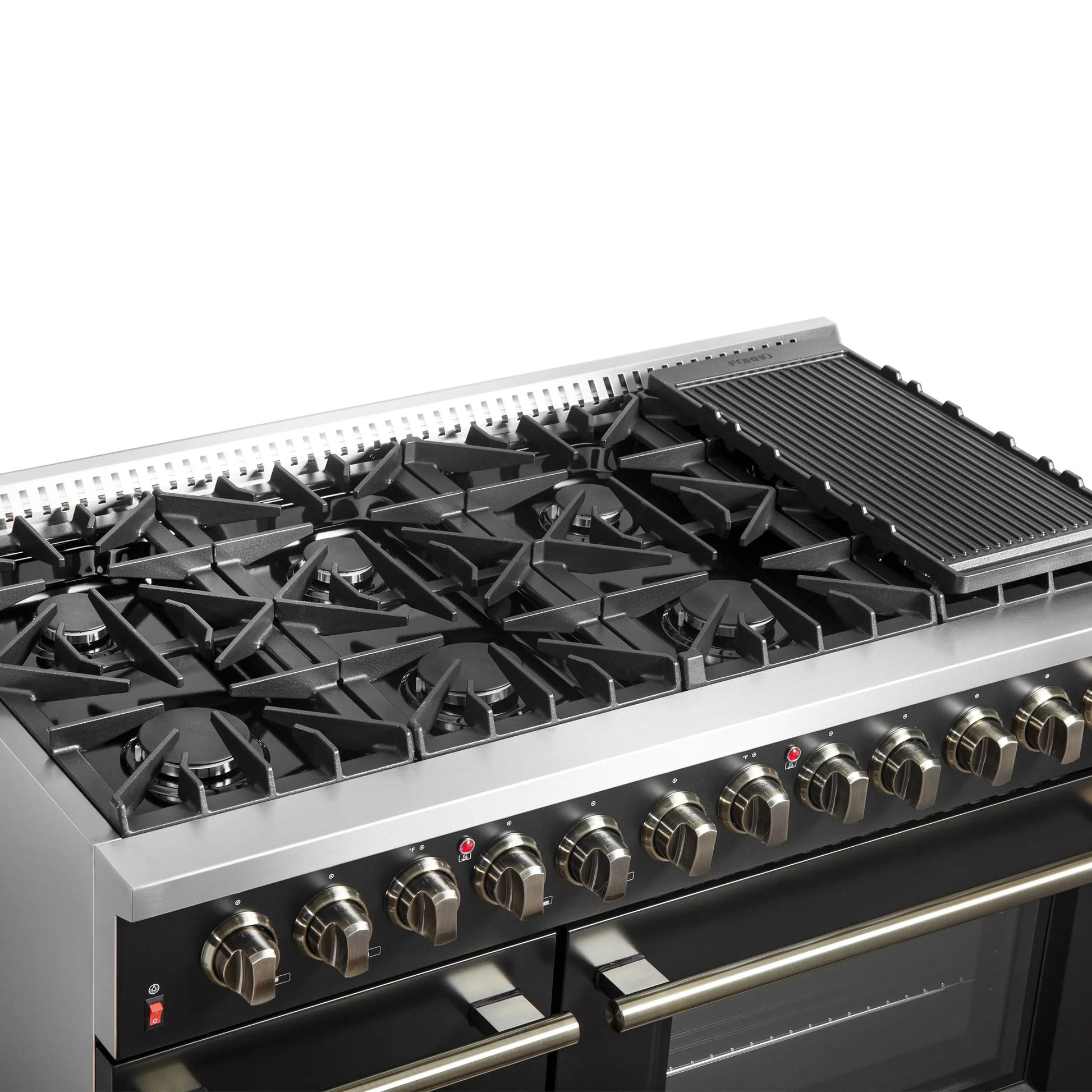 Galiano 48-inch Dual Fuel Range Black & Antique Brass Design with 8 Sealed Burners 107,000 BTU, 6.58 cu. ft. double ovens & Griddle FORNO