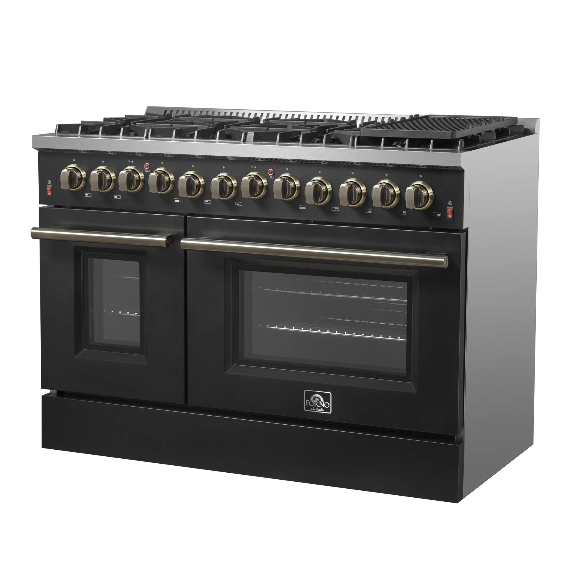 Galiano 48-inch Dual Fuel Range Black & Antique Brass Design with 8 Sealed Burners 107,000 BTU, 6.58 cu. ft. double ovens & Griddle FORNO
