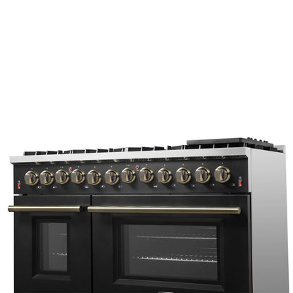Galiano 48-inch Dual Fuel Range Black & Antique Brass Design with 8 Sealed Burners 107,000 BTU, 6.58 cu. ft. double ovens & Griddle FORNO